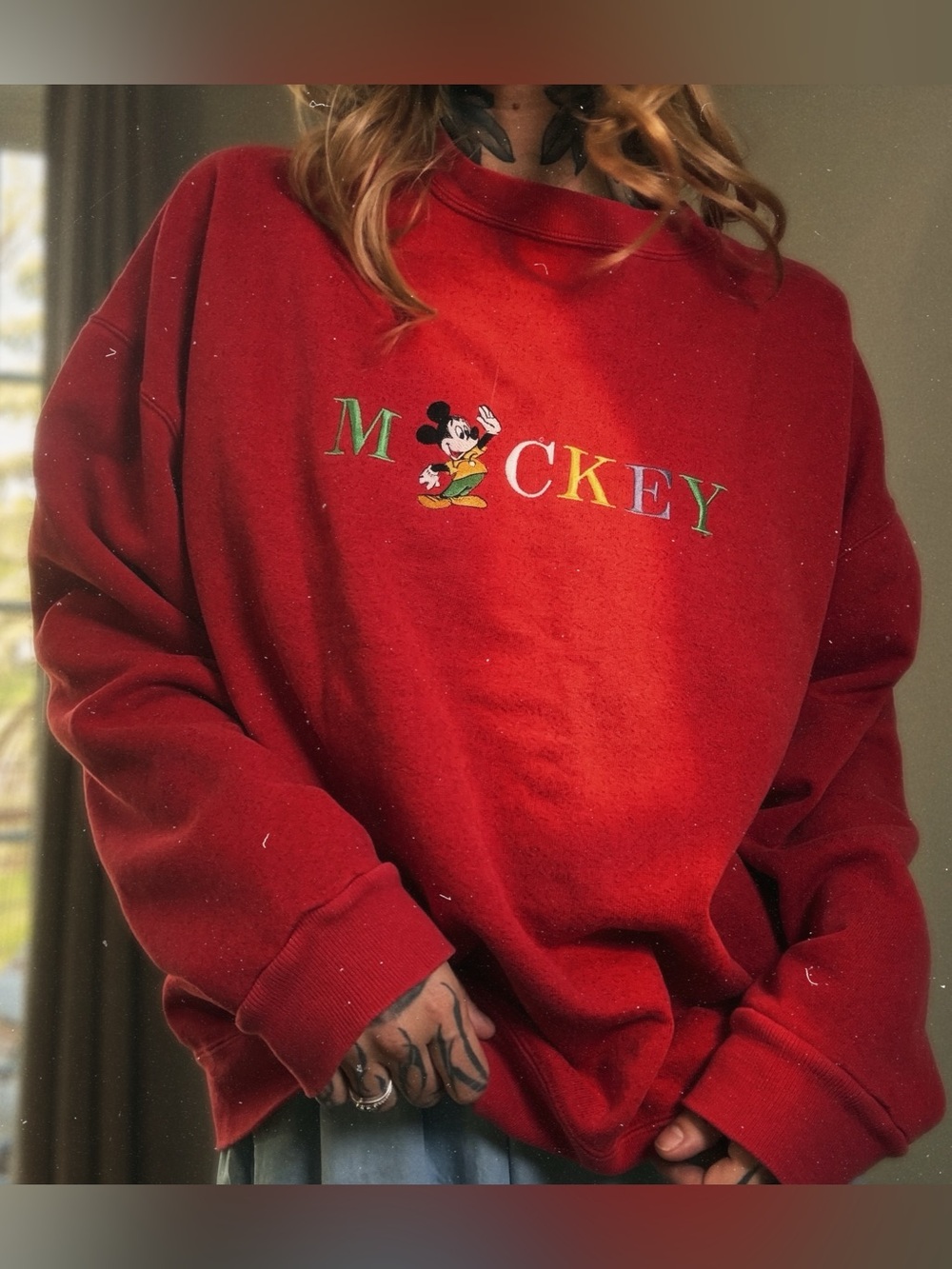 Disney Red Mickey Crewneck Sweatshirt with Multicolor Embroidered Logo